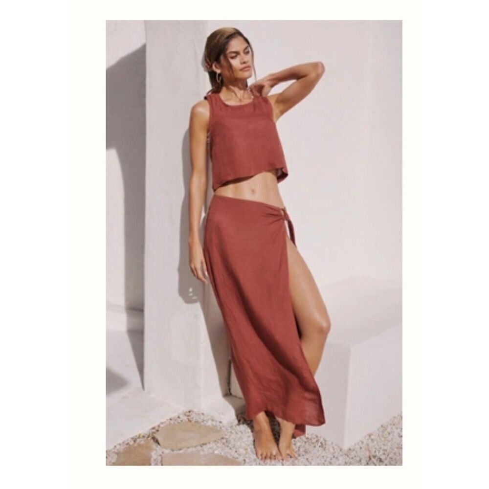Anthropologie Brown Linen Blend Wrap Style Maxi Skirt Size Medium